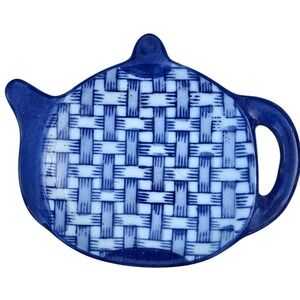 Blue White Basket Weave Teapot Shaped Ceramic Tea Bag Rest Spoon Holder Caddy